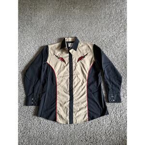 Country Charmers Shirt Mens M Black Tan Colorblock Long Sleeve Snap Button Up